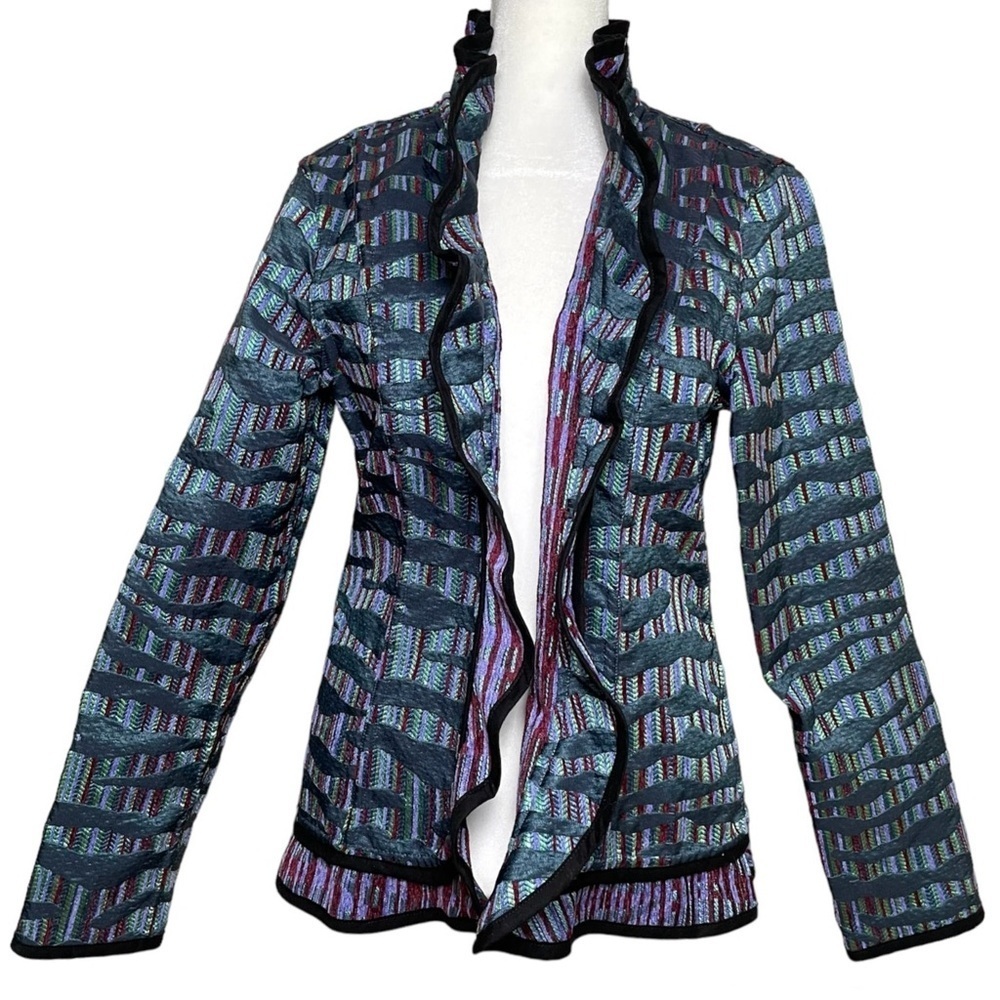 Textured Ruffle Open-Front Jacket in Teal & Purple